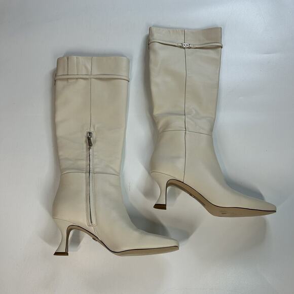 Sam Edelman Lyla Ivory Leather Boots 8.5 Kitten Heels Knee High Zip - Picture 1 of 7